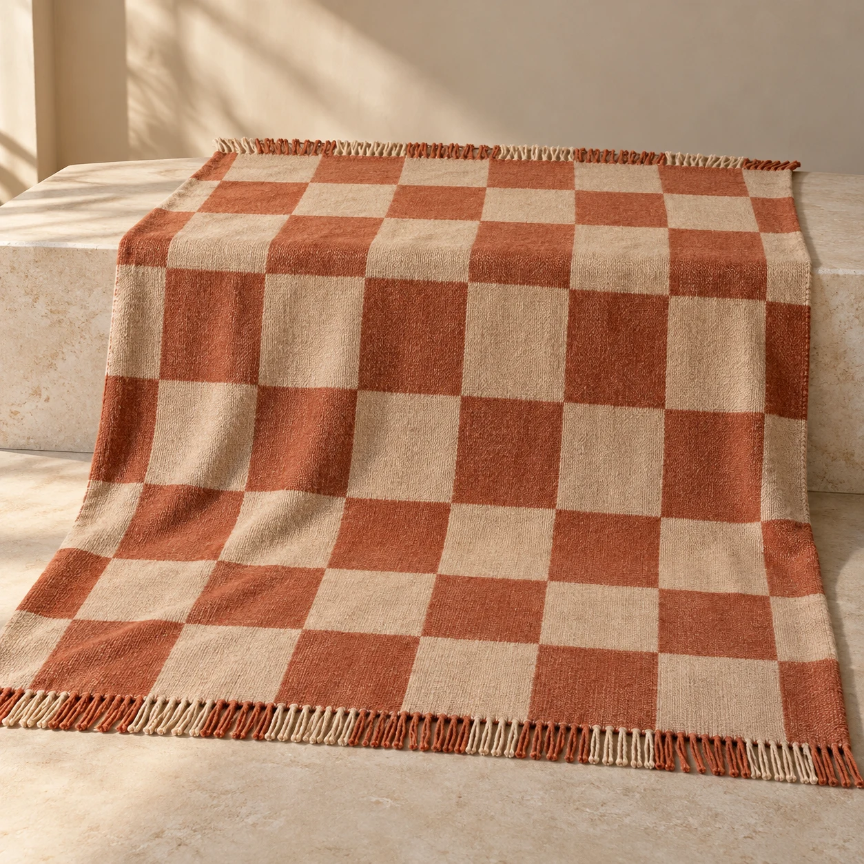 Clay Check wool-blend throw — Clay / Sand; large terracotta and sand checks