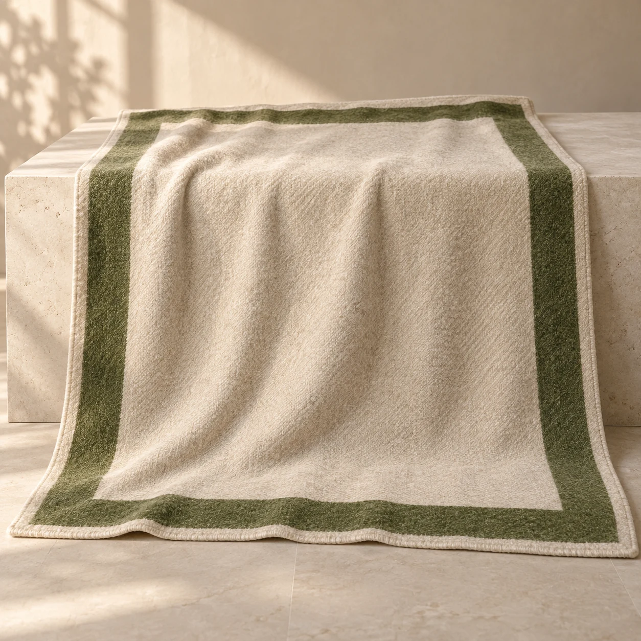 Moss Border wool-blend throw — Oatmeal / Moss; an oatmeal field framed by a broad moss border