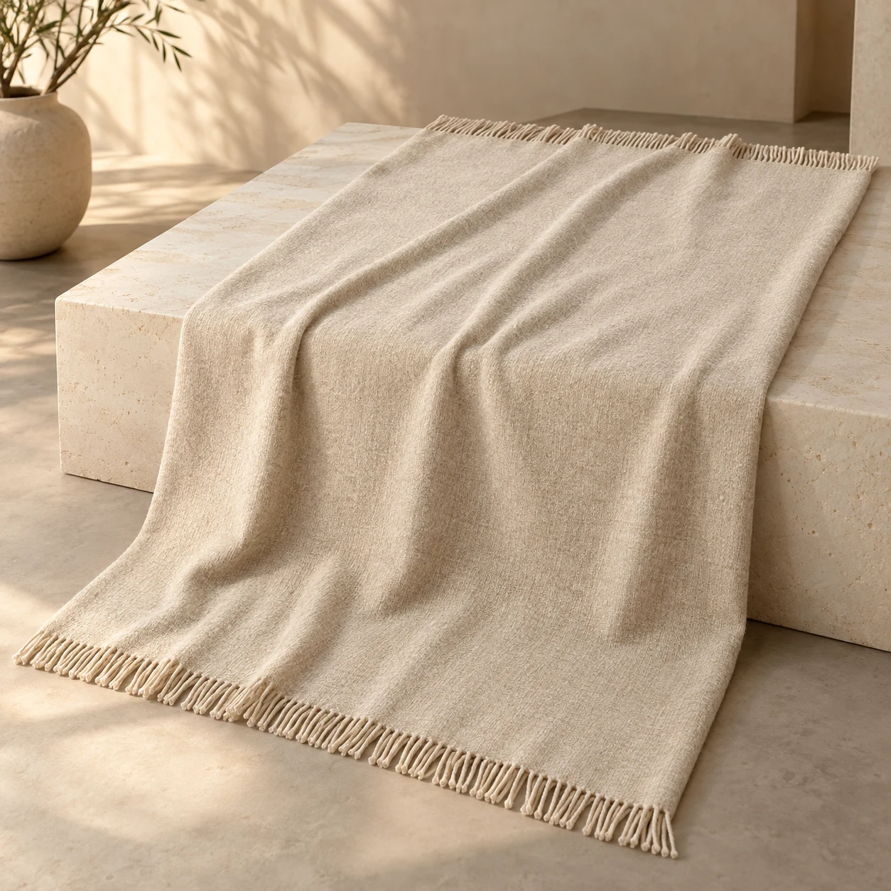 Oat Fold wool-blend throw — Oatmeal; a soft oatmeal field