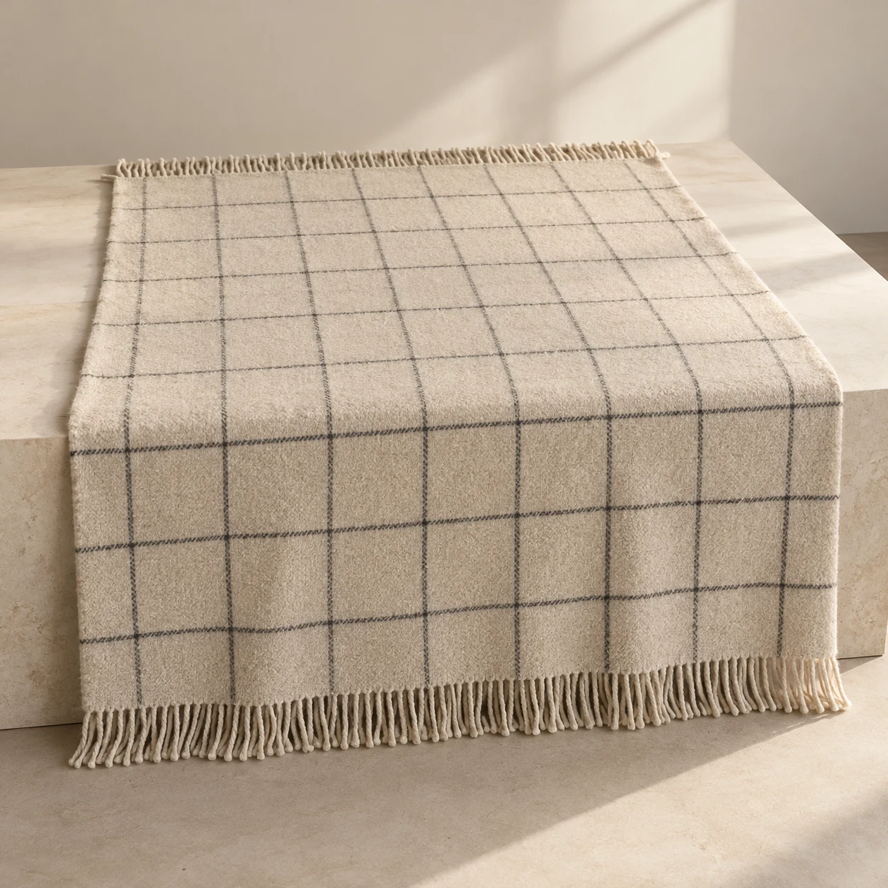 Oat Window wool-blend throw — Oatmeal / Charcoal; fine charcoal windowpane lines on oatmeal