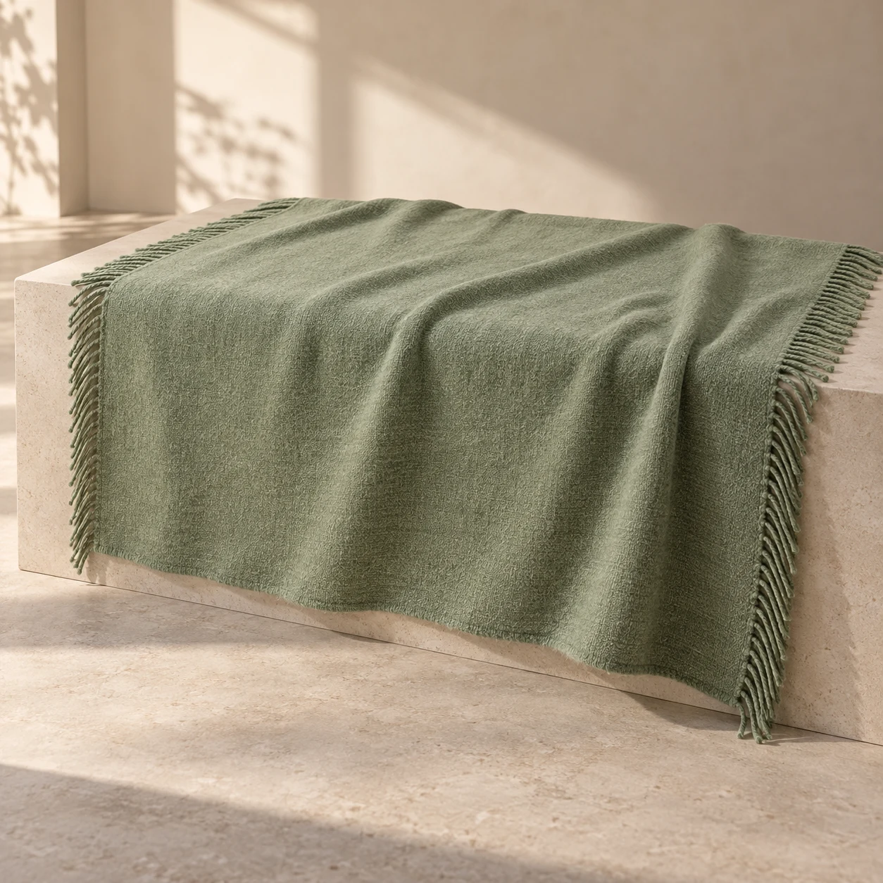 Sage Rest wool-blend throw — Sage; a muted sage field