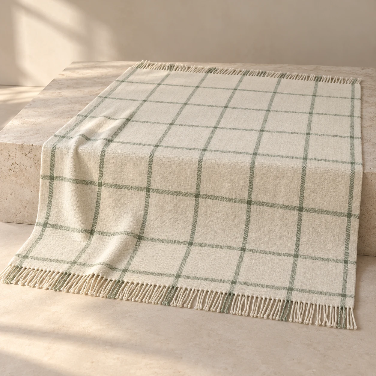 Sage Window wool-blend throw — Cream / Sage; fine sage windowpane lines on cream