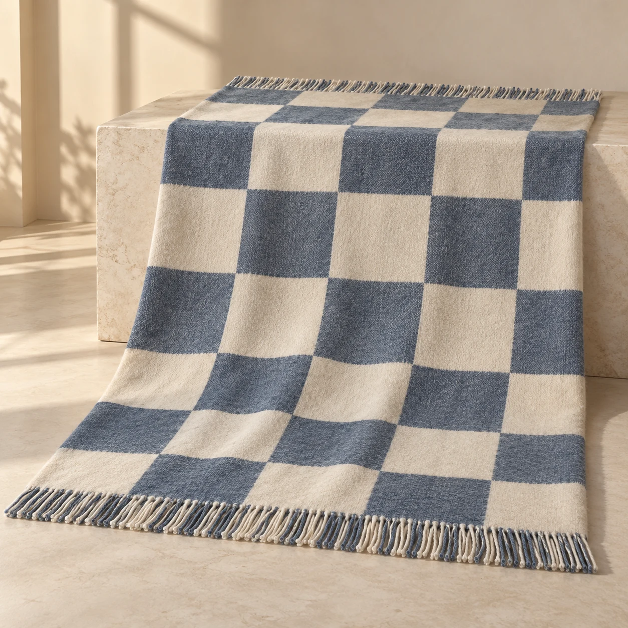 Slate Check wool-blend throw — Slate / Cream; large slate-blue and cream checks